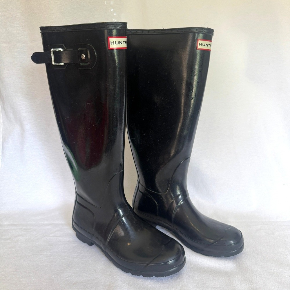 Hunter Original‎ Tall Rain Boots Size 8 Black Gloss Natural Rubber